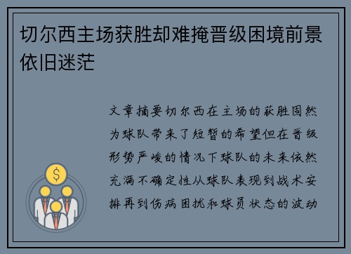 切尔西主场获胜却难掩晋级困境前景依旧迷茫