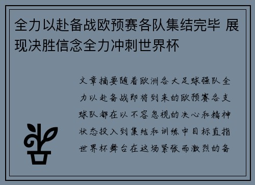 全力以赴备战欧预赛各队集结完毕 展现决胜信念全力冲刺世界杯