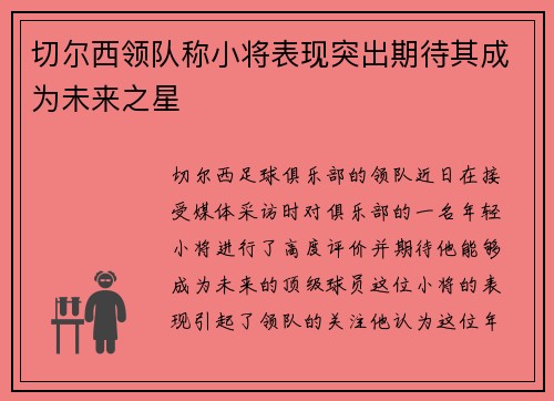 切尔西领队称小将表现突出期待其成为未来之星
