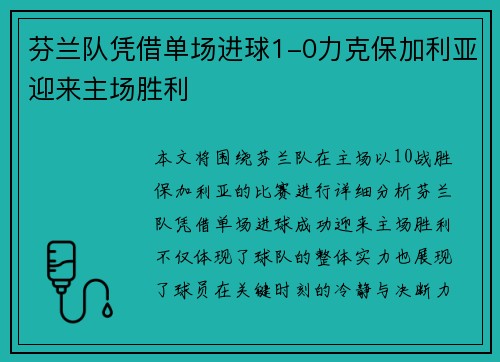 芬兰队凭借单场进球1-0力克保加利亚迎来主场胜利