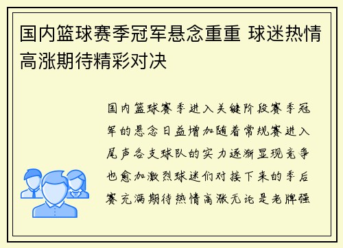 国内篮球赛季冠军悬念重重 球迷热情高涨期待精彩对决