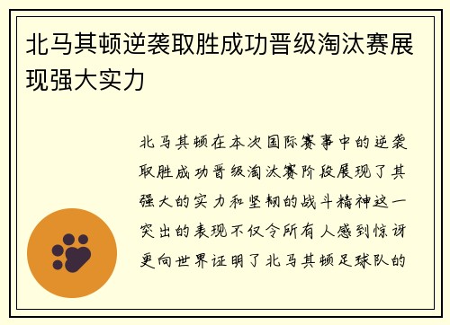 北马其顿逆袭取胜成功晋级淘汰赛展现强大实力