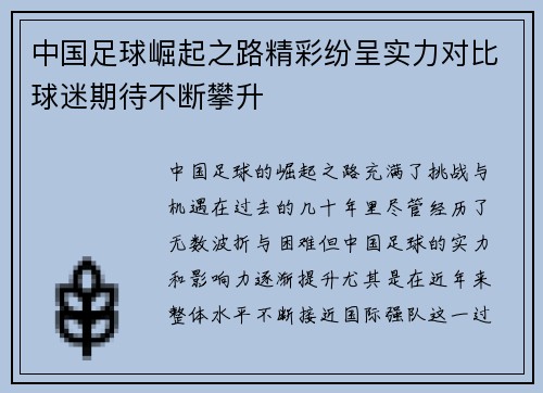 中国足球崛起之路精彩纷呈实力对比球迷期待不断攀升